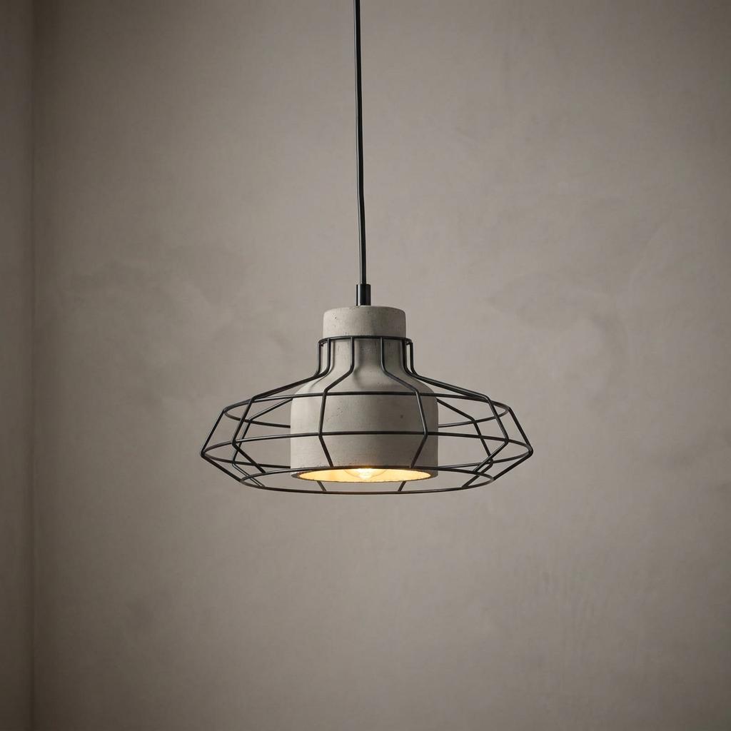 Black wire cage and concrete pendant light hanging against a neutral wall, illuminated with a warm glow.