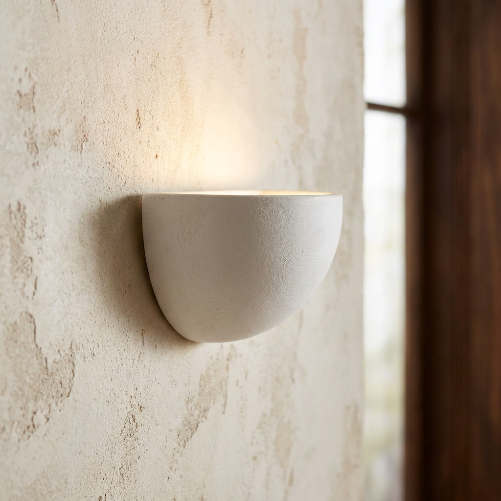 Semi-circular white ceramic wall uplighter mounted on a textured beige wall, casting a warm glow upwards.