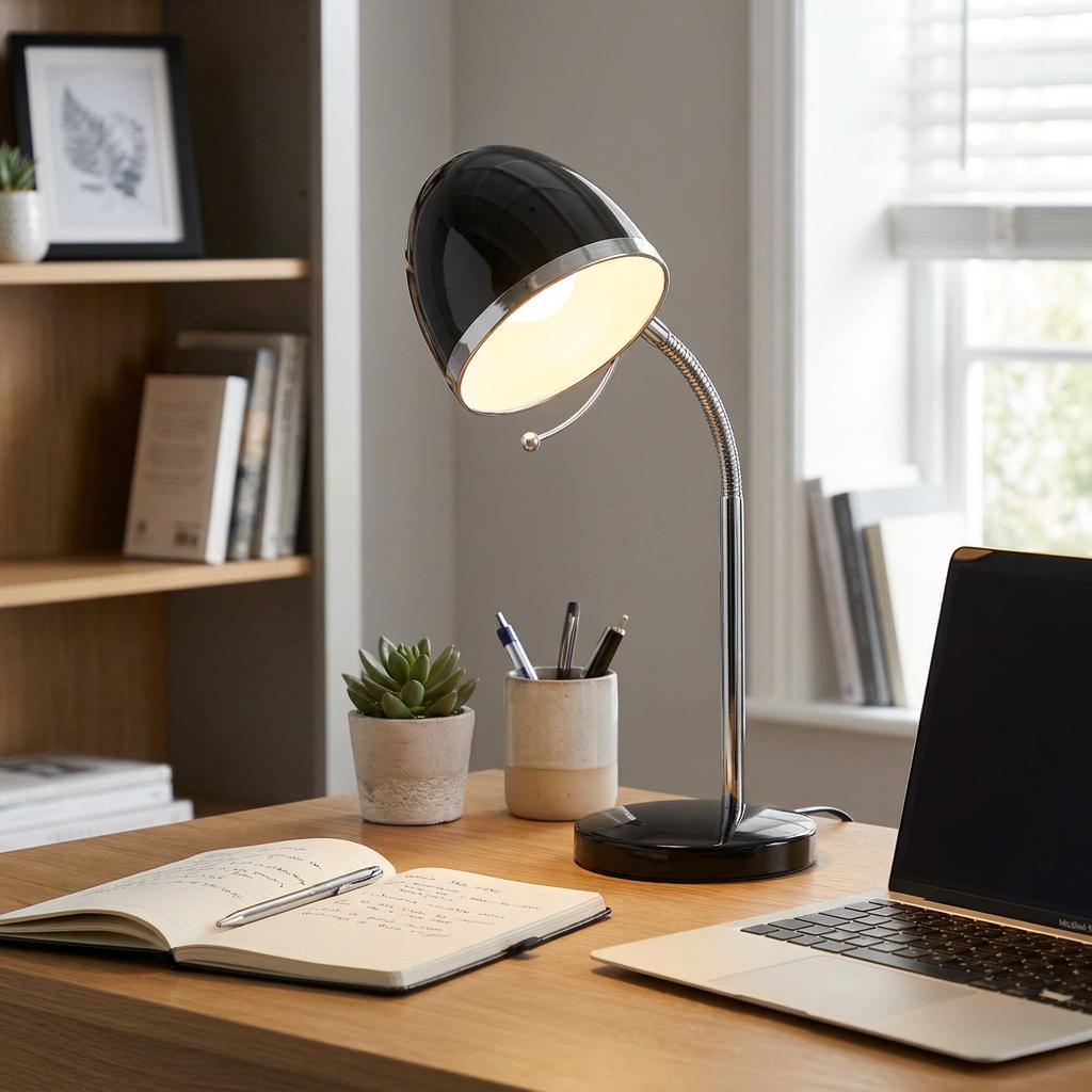 Sleek black Madison desk lamp with a flexible chrome neck illuminating an office desk with a laptop and notebook.