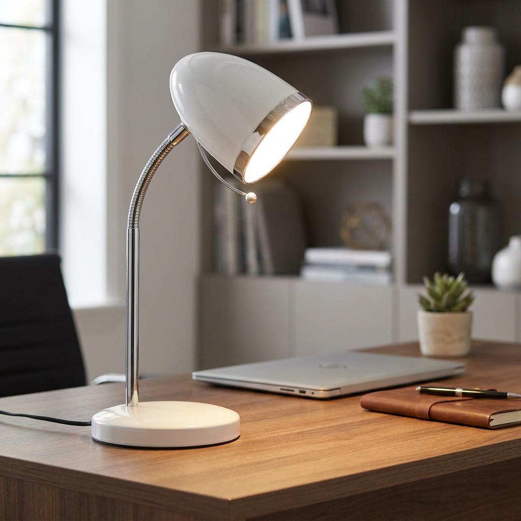 White Madison desk lamp with a flexible chrome neck illuminating a wooden desk with a laptop and notebook.