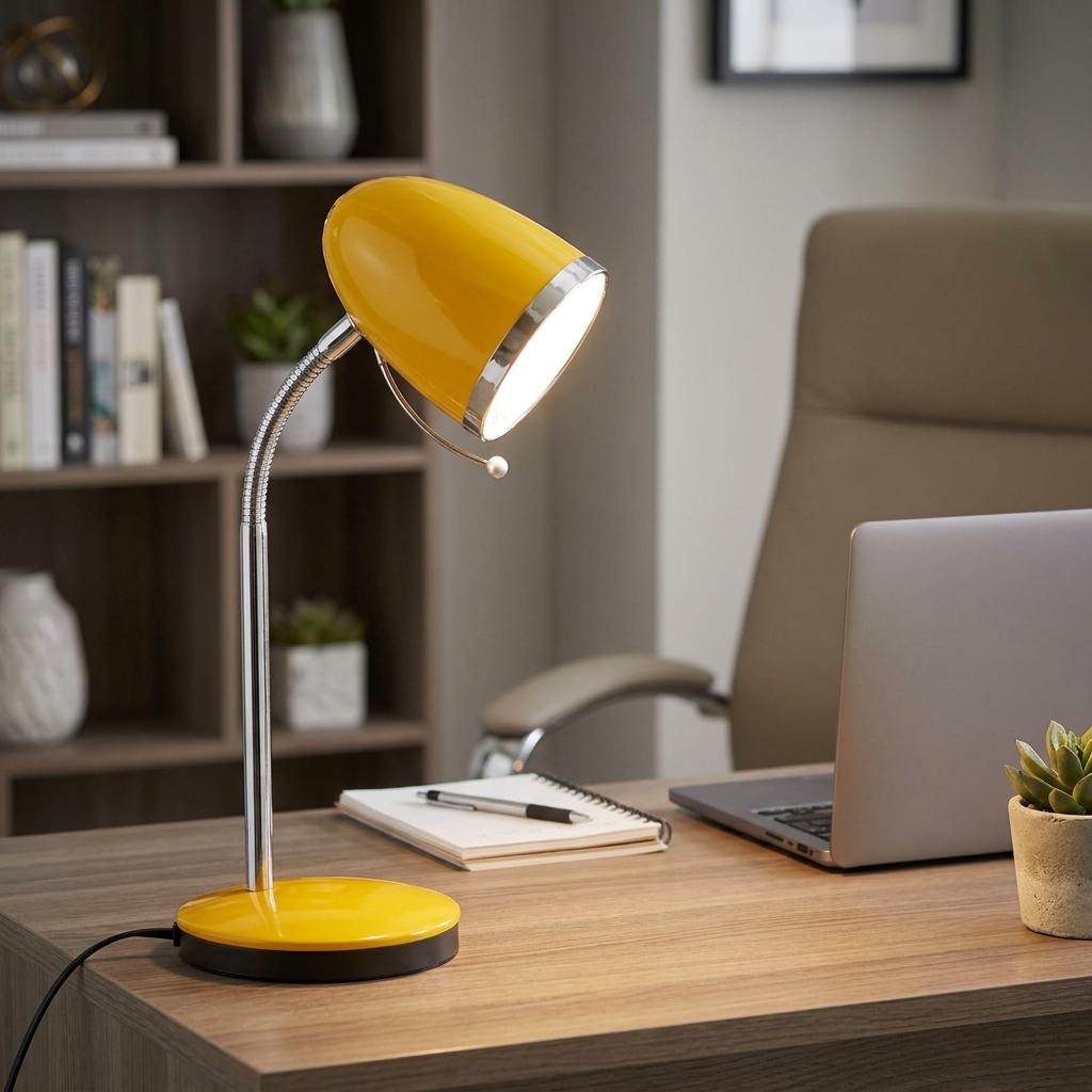 A yellow Oaks Lighting Madison desk lamp illuminated on a wooden desk next to a laptop and notebook.
