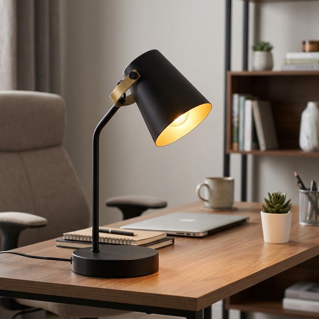 Matte black and gold Malmo desk lamp illuminating a modern office workspace with a wooden desk and chair.