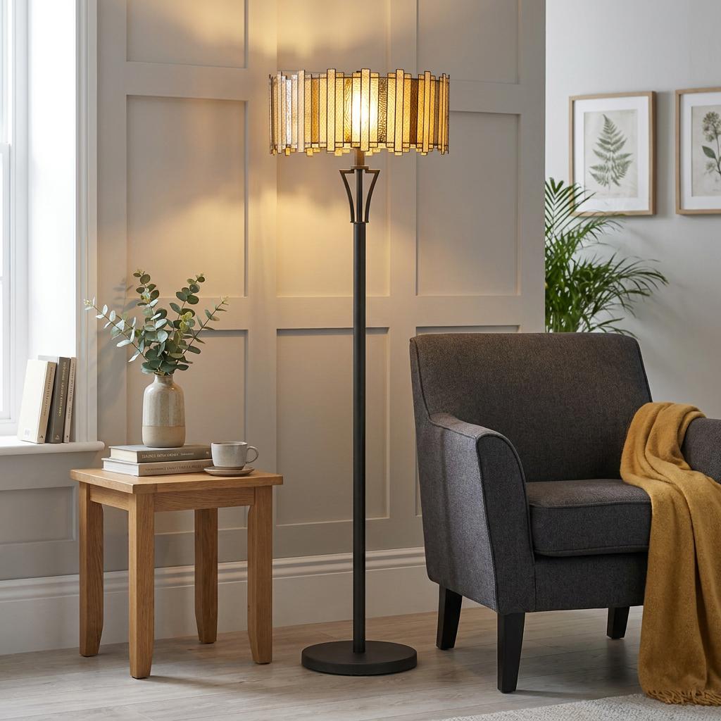 Art Deco floor lamp with an amber Tiffany glass shade stands between a wooden side table and a gray armchair.
