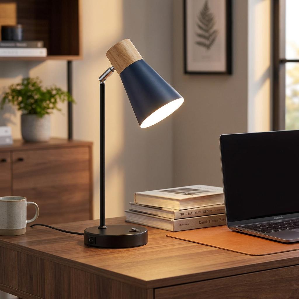 Modern navy and wood table lamp with a black base and USB port on a wooden desk next to a laptop.