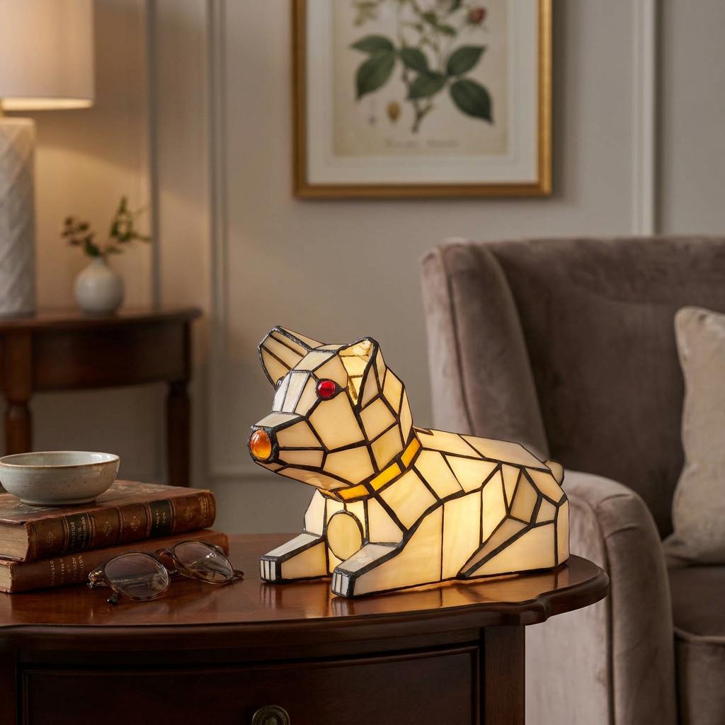 Cream Tiffany-style stained glass dog lamp on a wooden side table in a warm living room.