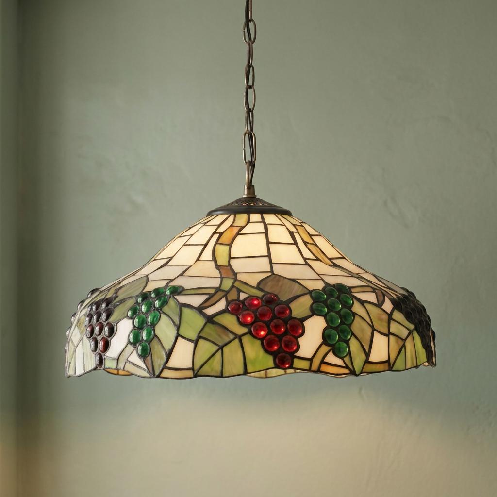 Tiffany-style stained glass ceiling pendant featuring red and green grapes with green leaves against a pale wall.