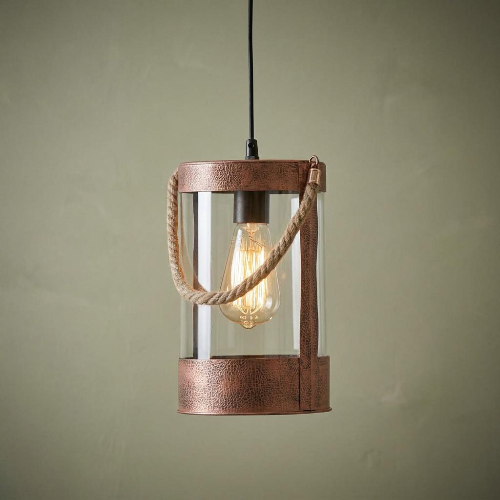 Cylindrical copper pendant light with glass shade, rope handle, and warm Edison bulb against a textured green wall.