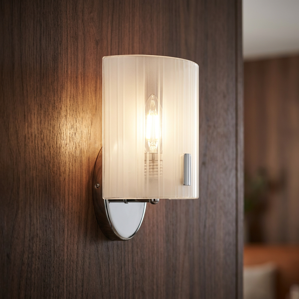Oaks Lighting Zafra wall light with a chrome base and ribbed glass shade, illuminated on a dark wood wall.