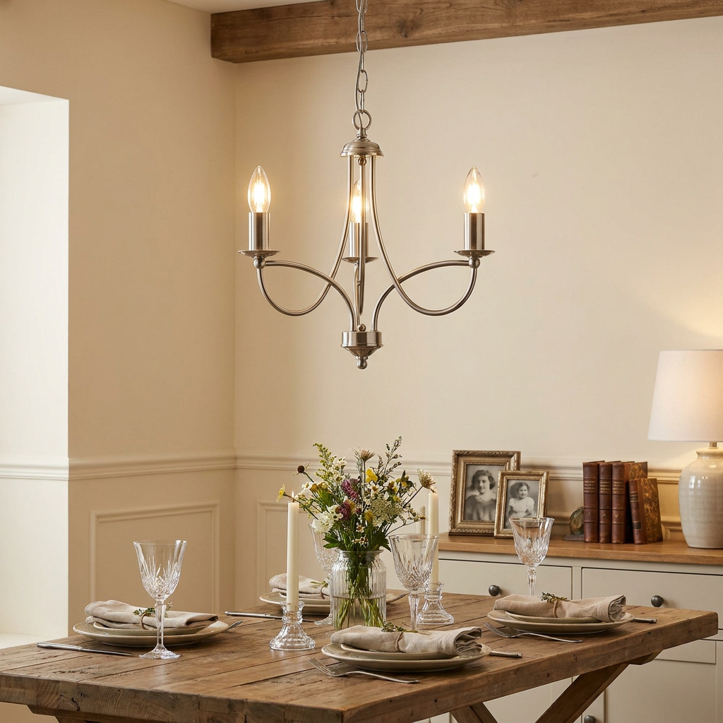 Antique chrome 3-light loop chandelier hanging above an elegant dining table set with flowers and candles.