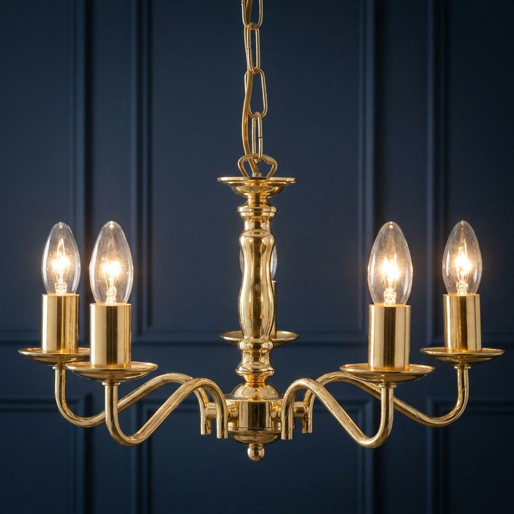 Five-light polished gold chandelier with glowing candle bulbs against a dark navy blue paneled wall.