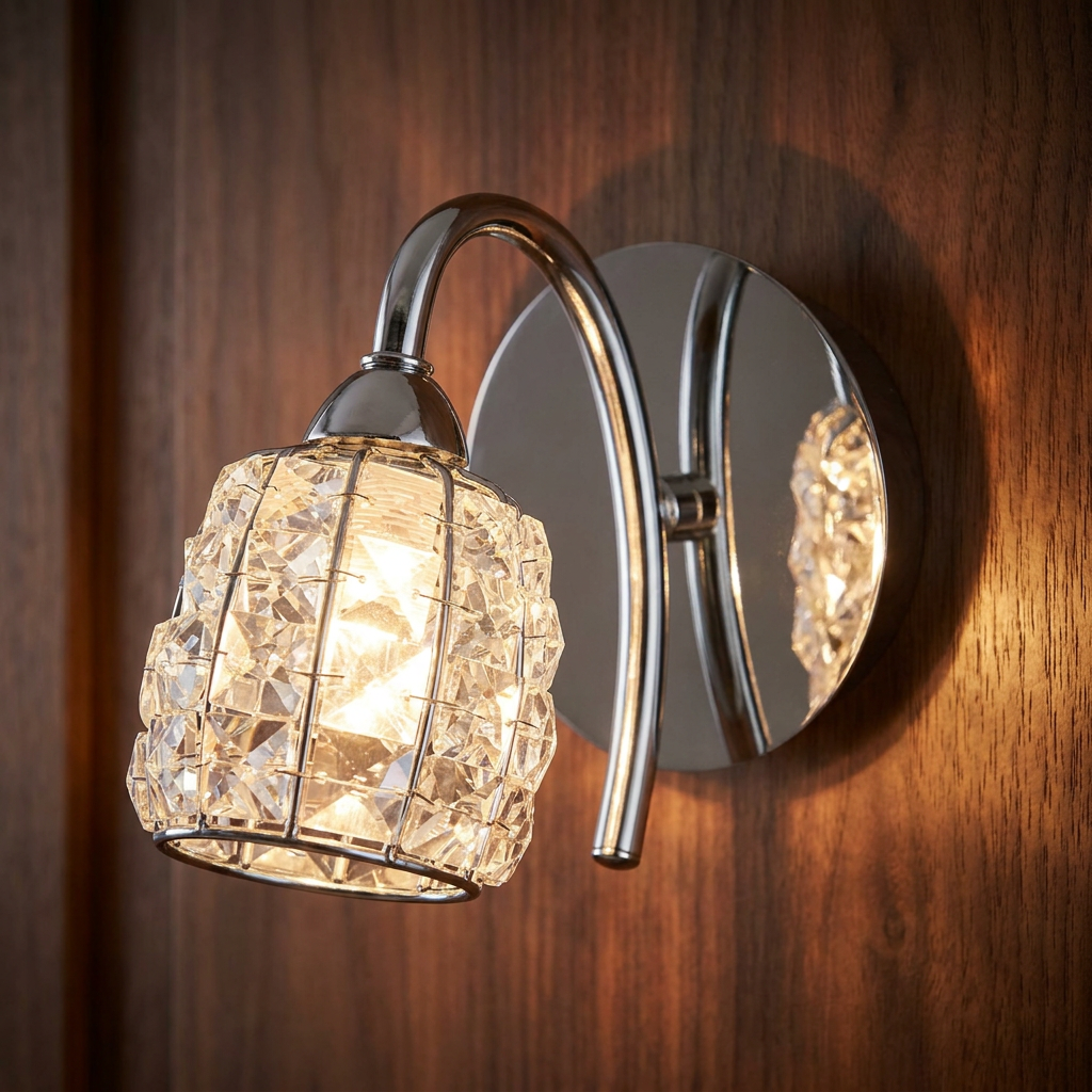 A chrome wall light with a faceted crystal cage shade, illuminated against a dark wood background.