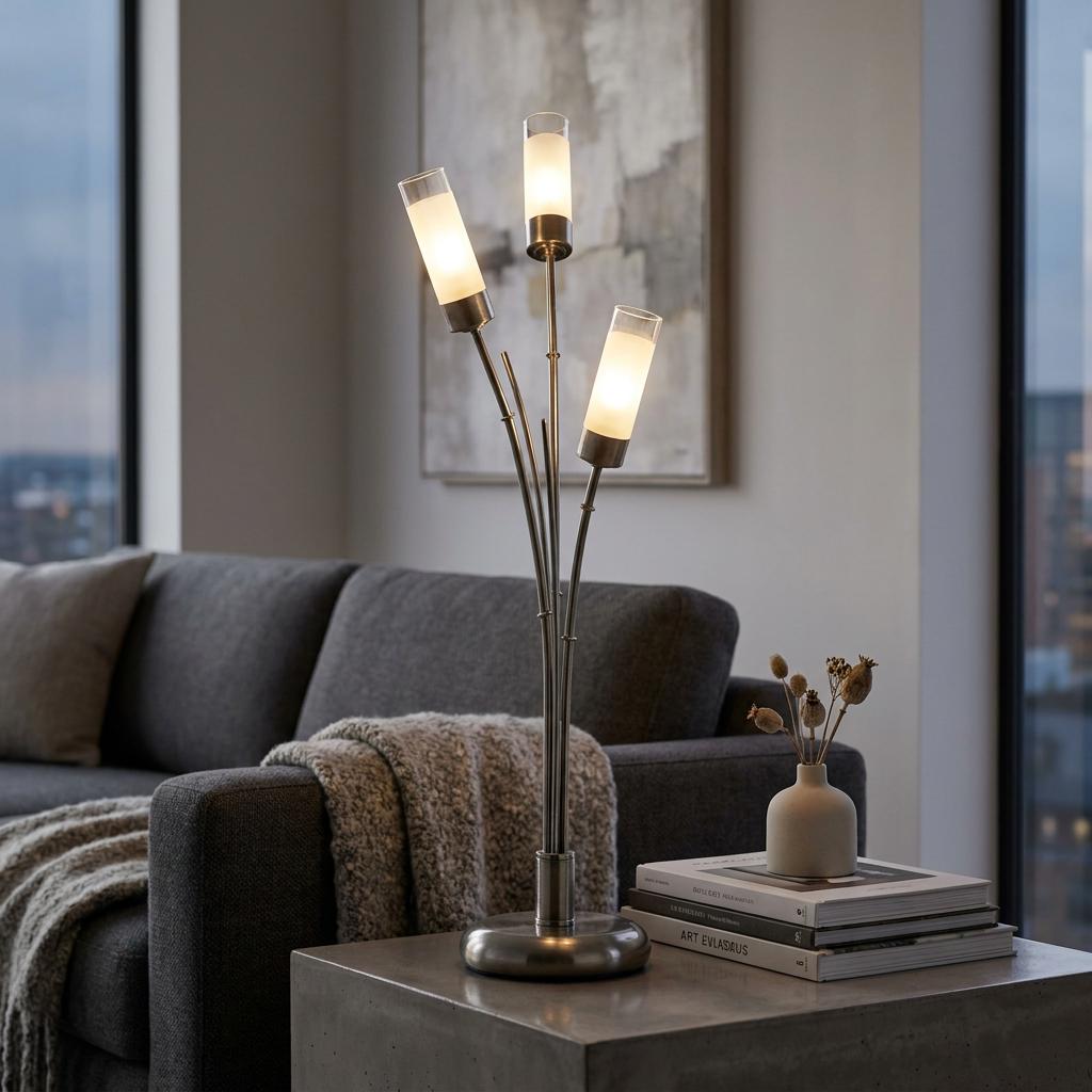 Oaks Oslo 3-light antique chrome table lamp with glowing frosted glass shades on a side table in a modern living room.