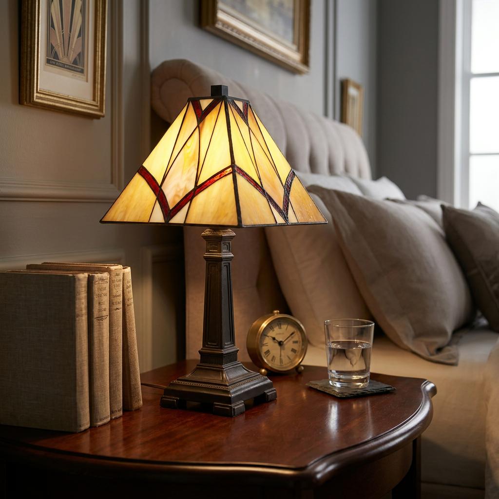 Small Oaks Portia Tiffany lamp with geometric stained glass on a wooden nightstand in a cozy bedroom setting.