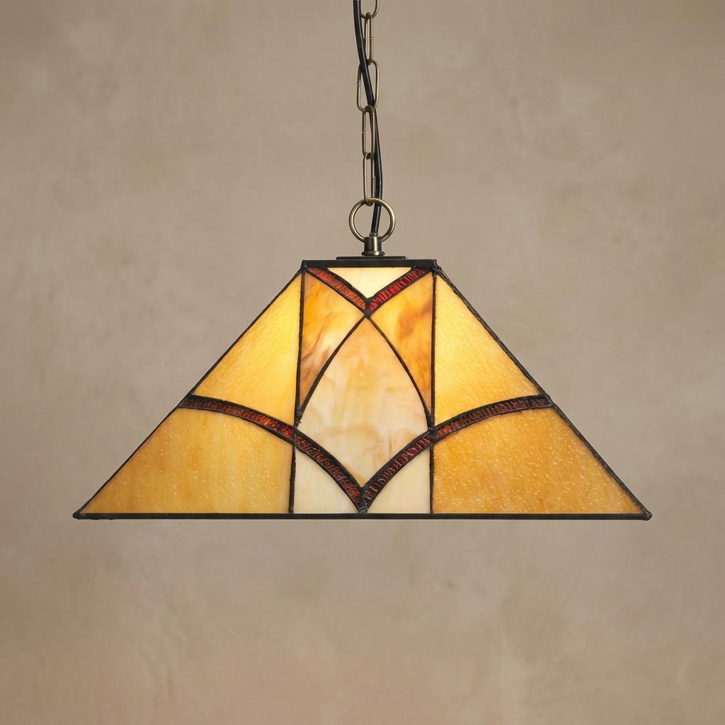 Oaks Portia Tiffany single bulb ceiling pendant with a triangular art glass shade in amber and cream tones.