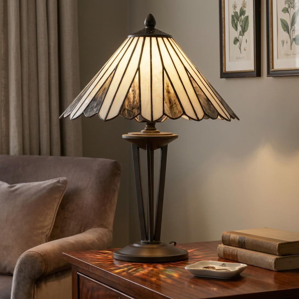 Lit Oaks Regan Tiffany table lamp with a pleated marbled glass shade on a wooden table in a living room setting.