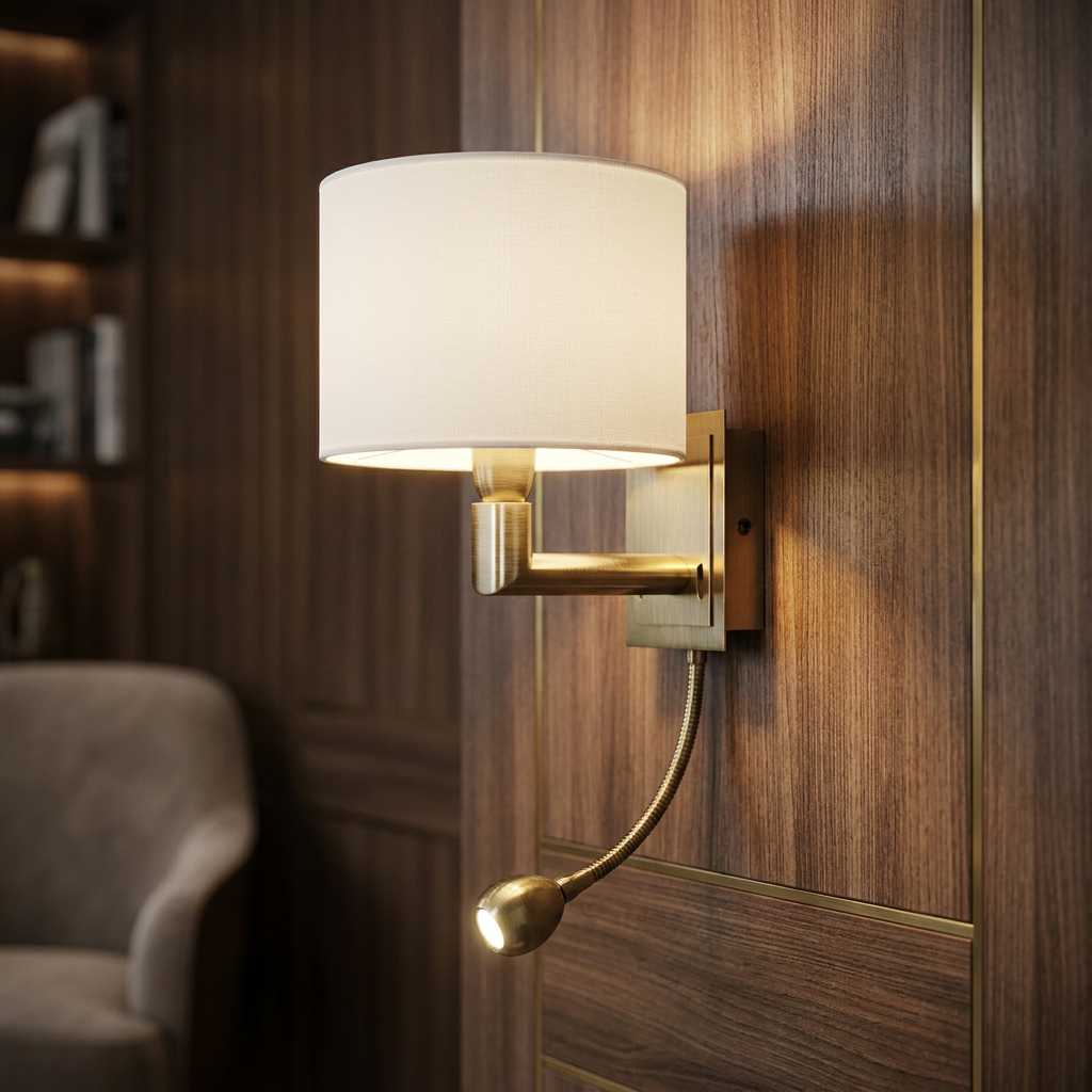 Antique brass wall light with white fabric shade and adjustable LED reading arm mounted on a wood-paneled wall.