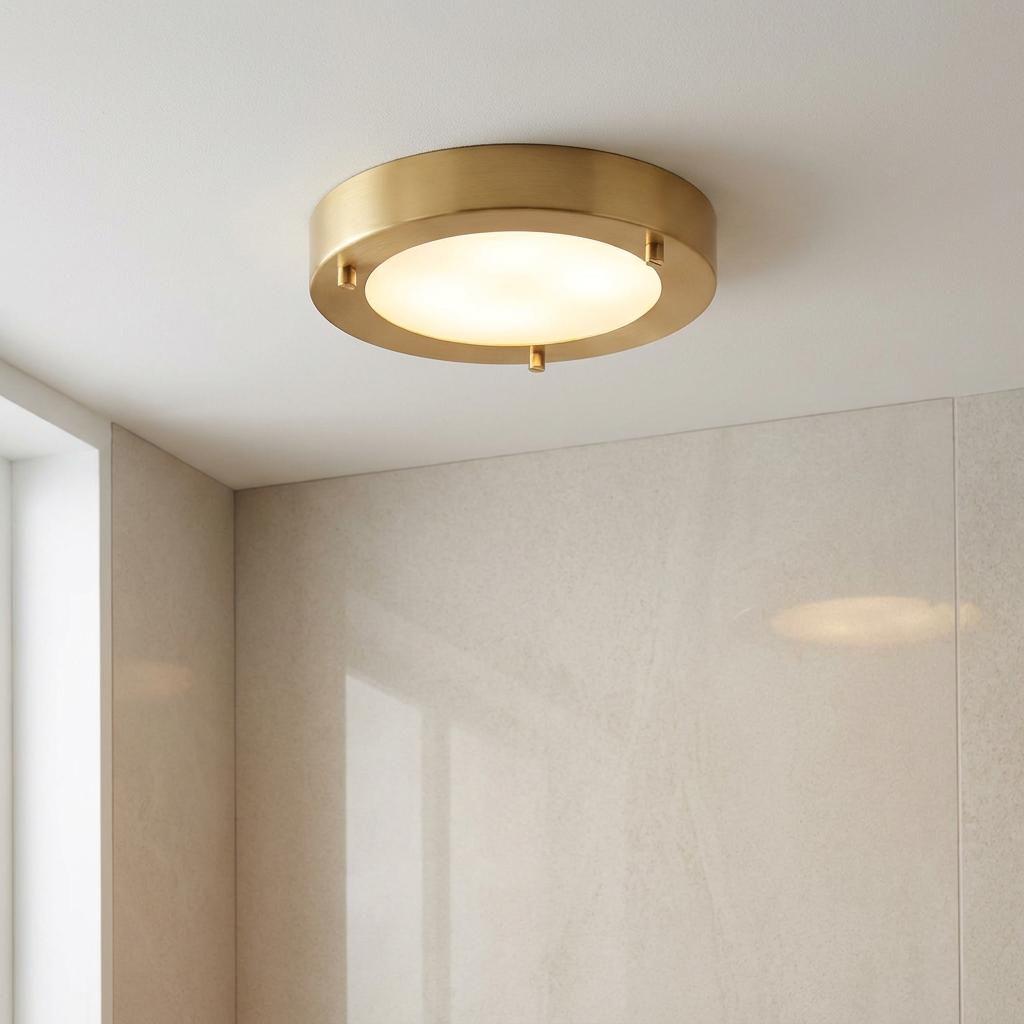 Small circular satin brass flush ceiling light with opal glass illuminated in a bathroom setting.