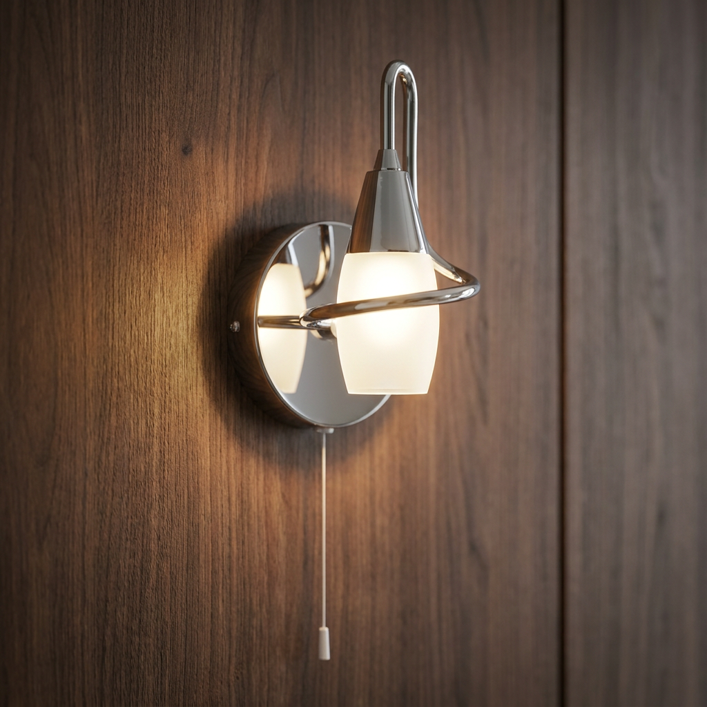 Chrome wall light with a frosted glass shade and pull cord, glowing on a dark wood panel.