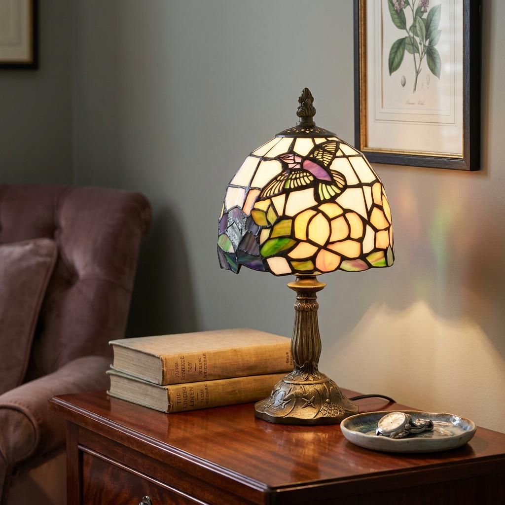 Tiffany-style stained glass lamp with a hummingbird design lit on a wooden bedside table next to vintage books.