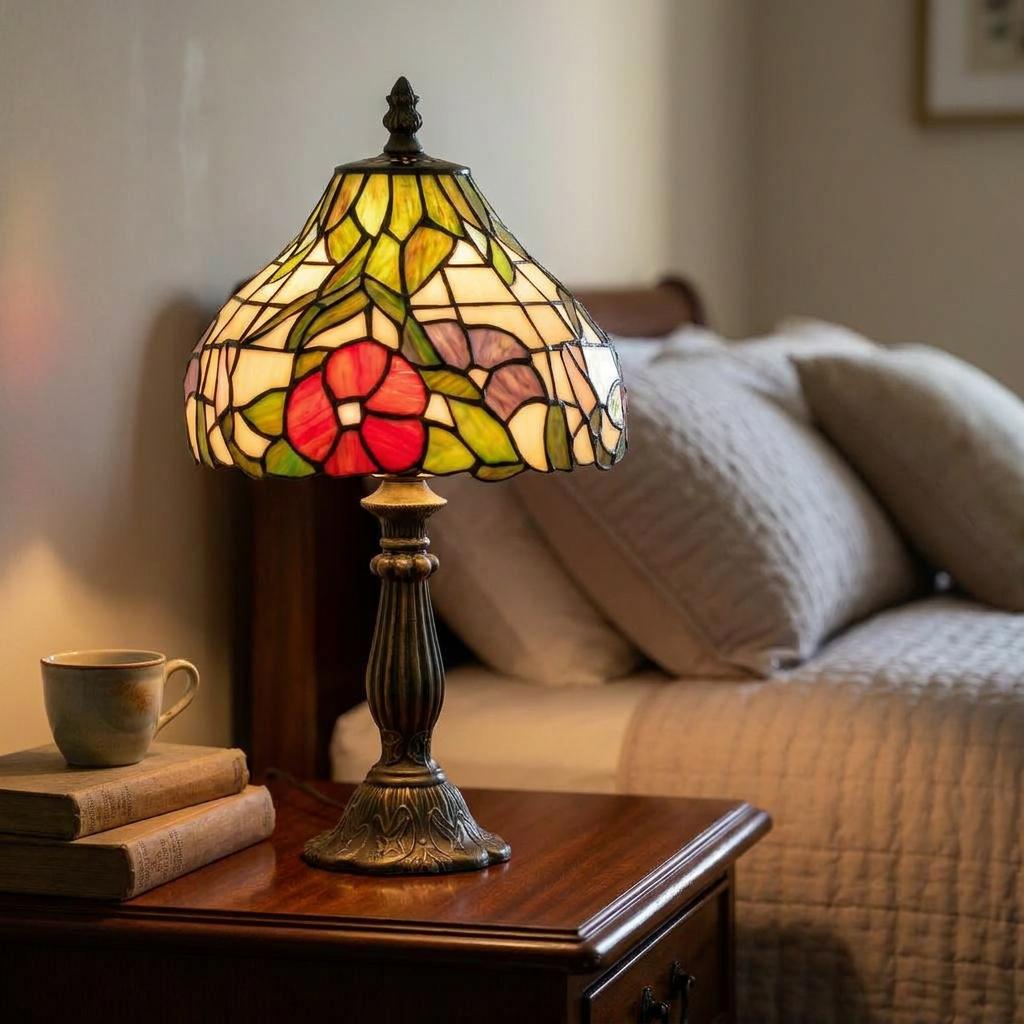 Ornate Tiffany table lamp with red peony stained glass shade on a wooden nightstand in a cozy bedroom.