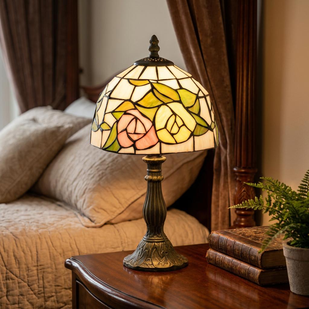 Tiffany bedside lamp with pink and yellow floral stained glass shade on a wooden nightstand in a bedroom.