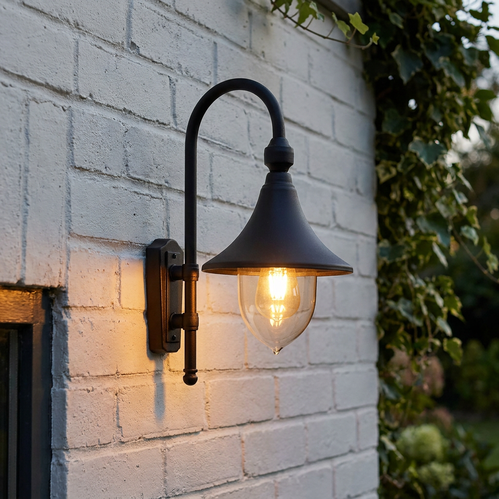 A black trumpet-shaped outdoor wall light with a warm glow, mounted on a white brick wall next to green ivy.