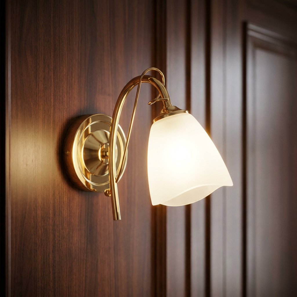 Antique brass wall light with a glowing frosted glass shade mounted on dark wood paneling.
