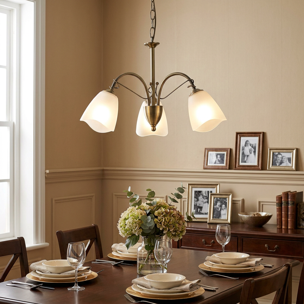 Oaks Turin 3-light antique brass chandelier with frosted shades hanging over a set dining table in a classic room.