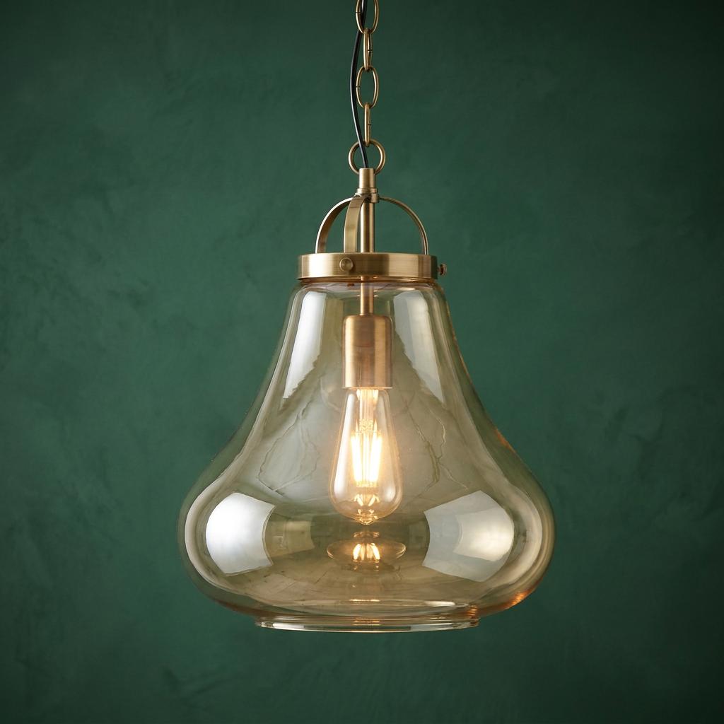 Oaks Turua brass ceiling lantern with a pear-shaped glass shade and glowing bulb against a dark green wall.