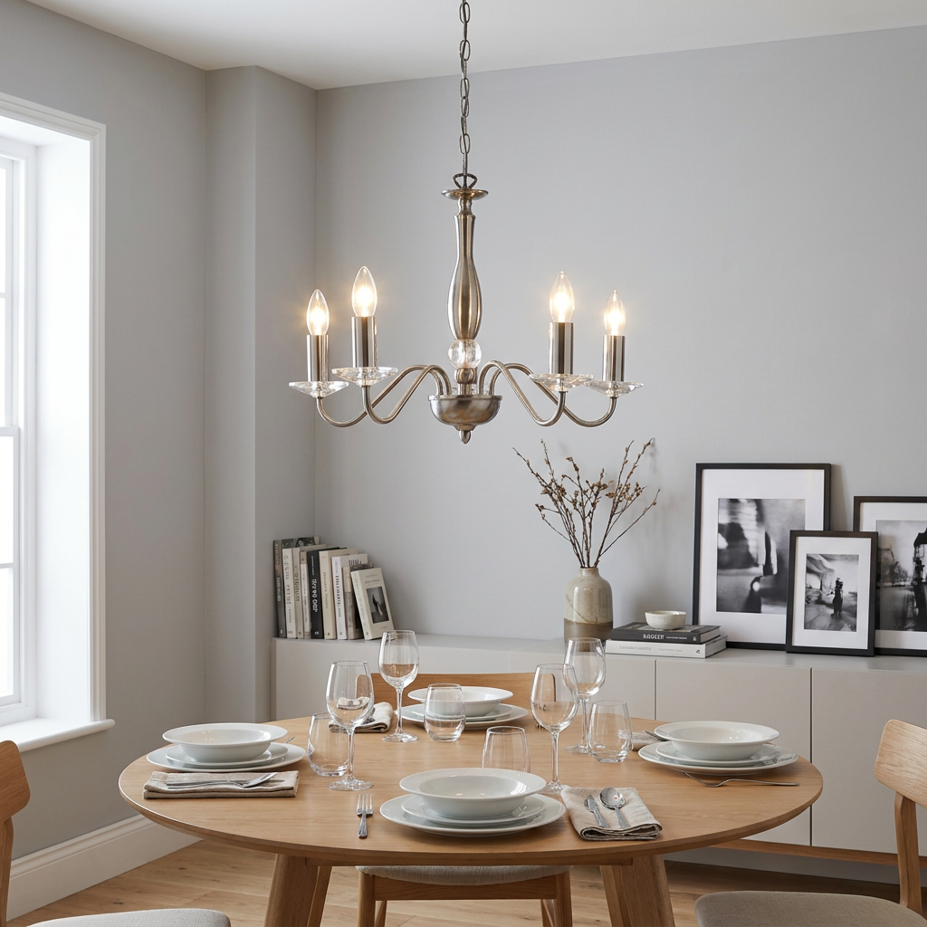 Five-light antique silver chandelier hanging above a set wooden dining table in a modern dining room.