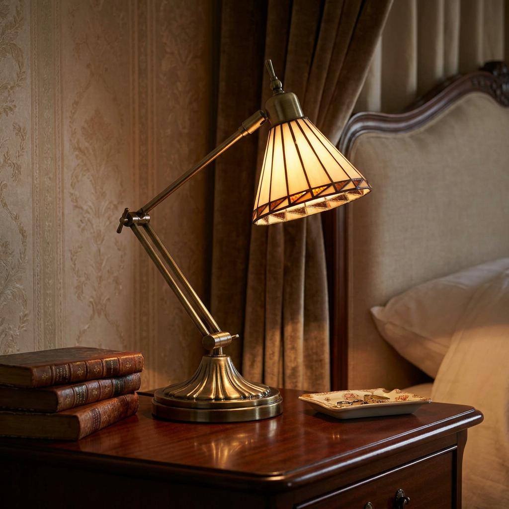 Antique brass adjustable desk lamp with a cream Tiffany glass shade on a wooden nightstand next to a bed.