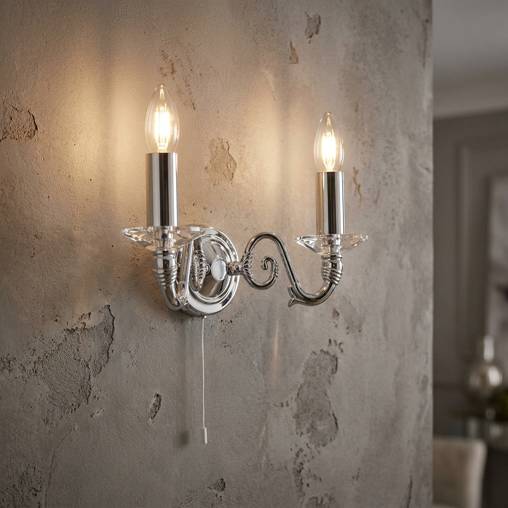 Oaks Wren 2 light chrome wall light with glowing candle bulbs on a textured stone wall.