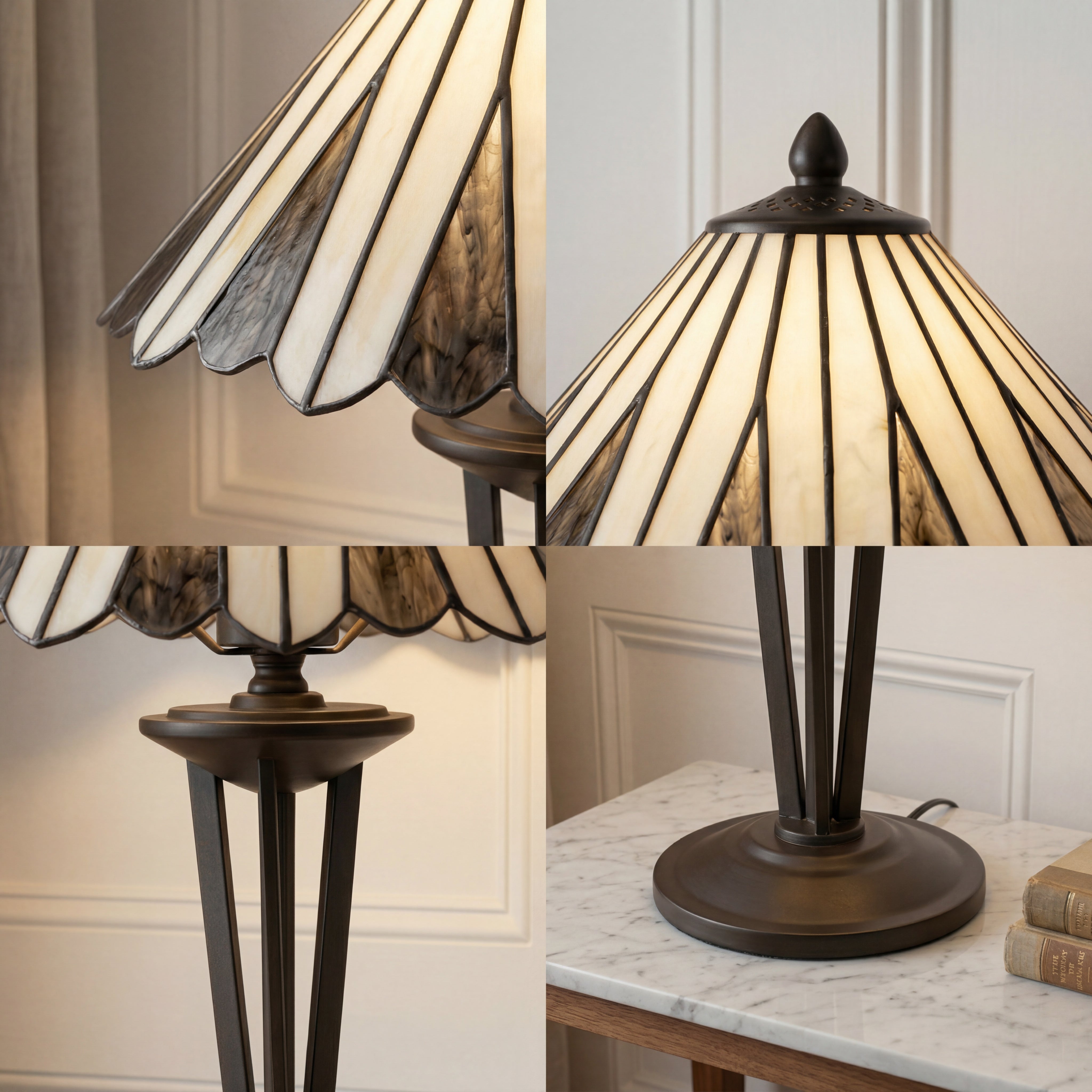 Collage of a decorative table lamp with a patterned shade on a marble surface.