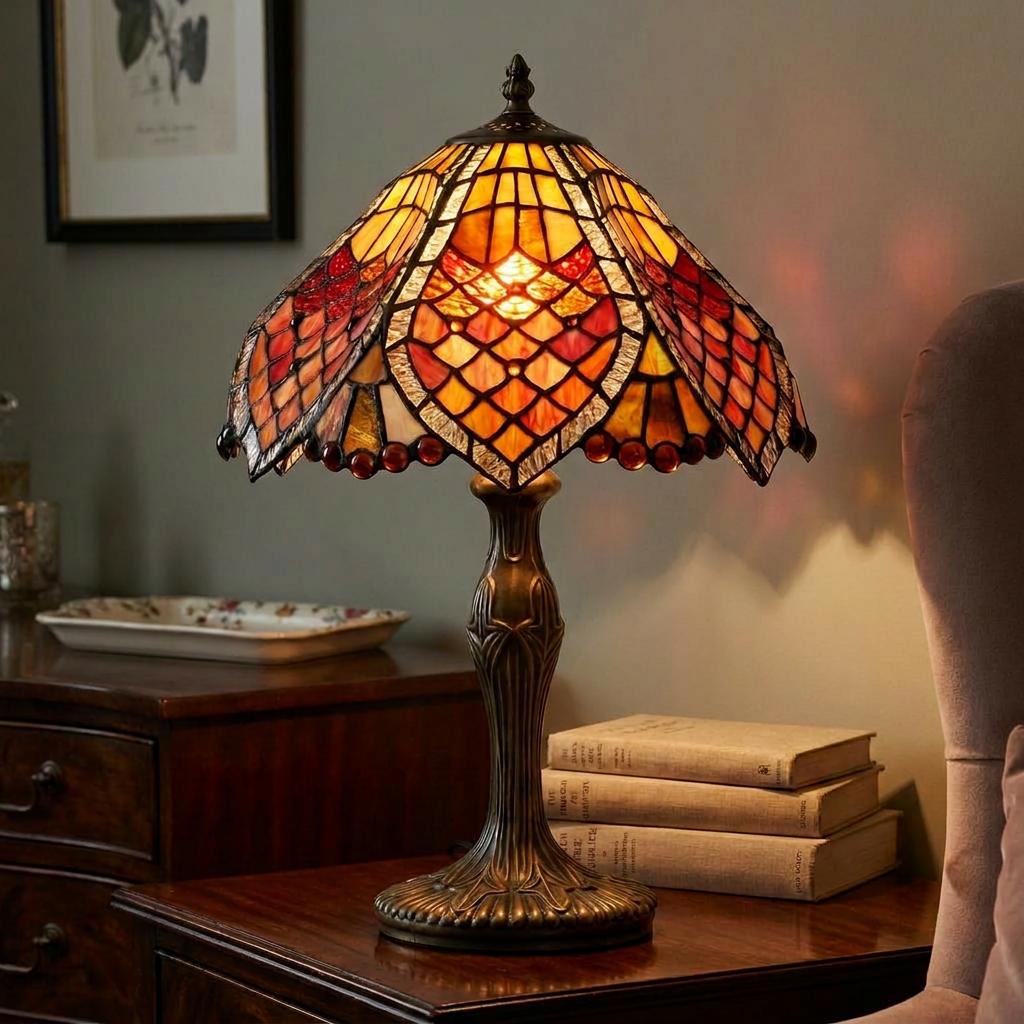 Tiffany-style table lamp with a scalloped amber and red stained glass shade on a decorative bronze base.