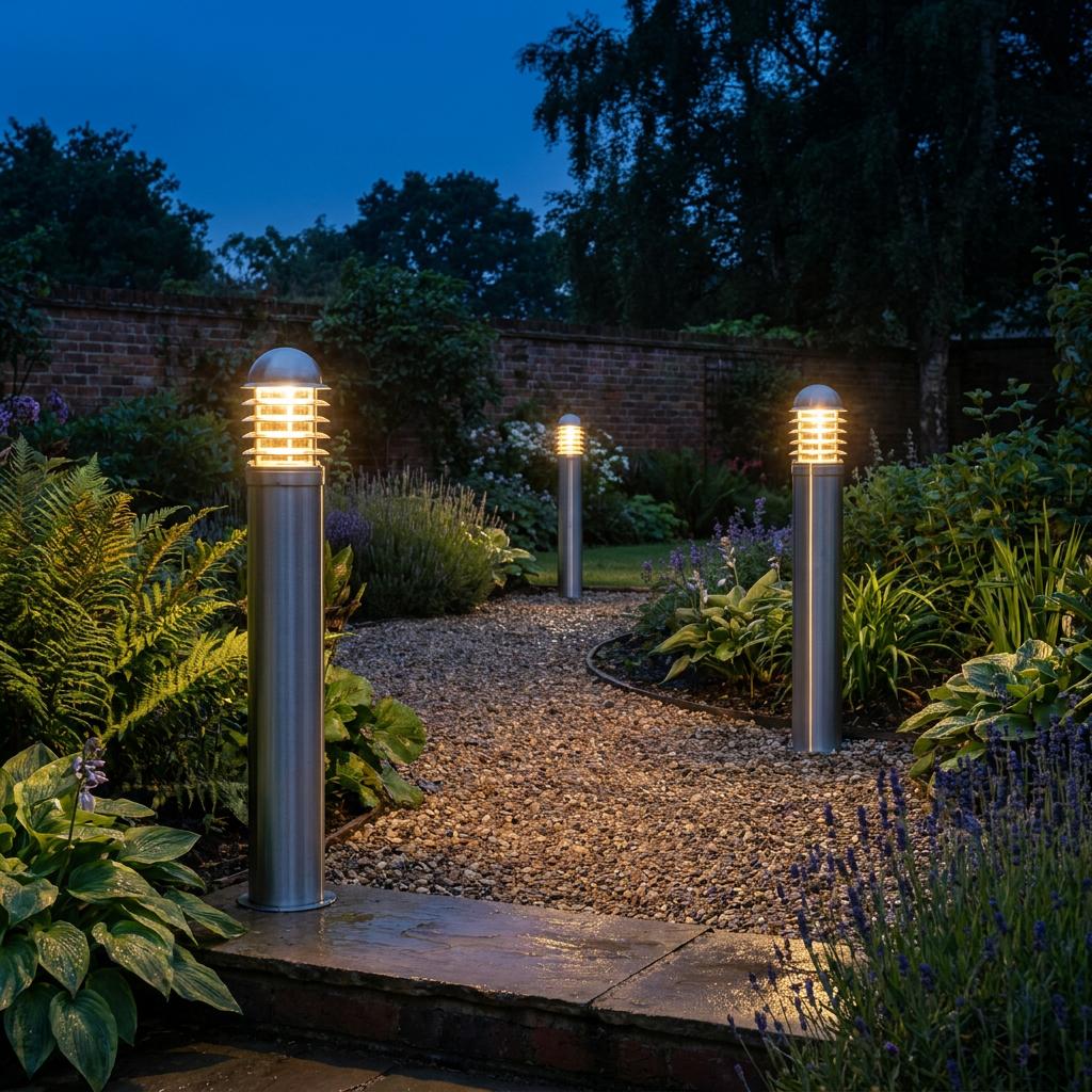 Three stainless steel outdoor bollard lights with warm light illuminate a gravel path in a lush garden at dusk.