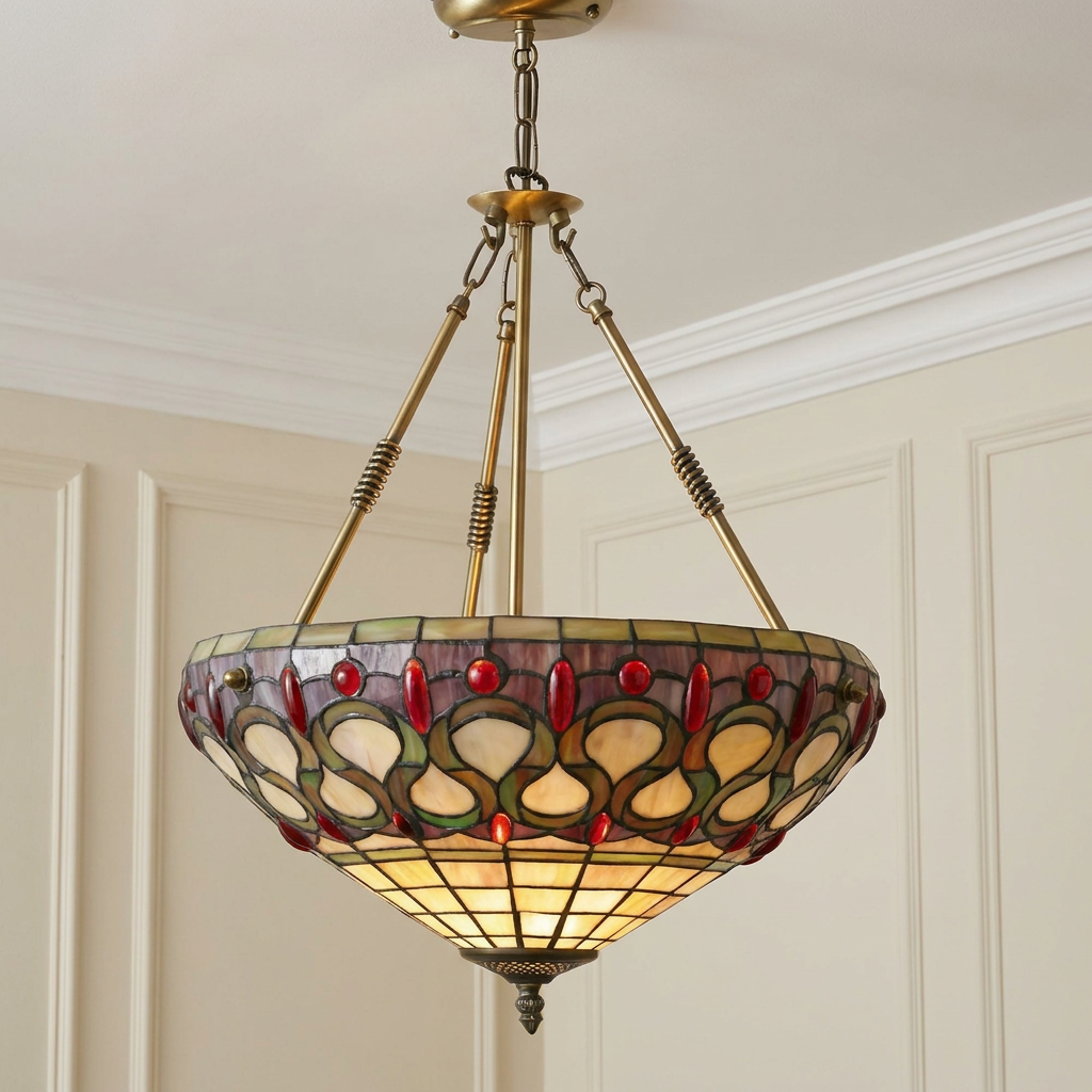 Oberon Inverted Tiffany Ceiling Light with a stained-glass bowl shade and red gems, hanging from a brass frame.