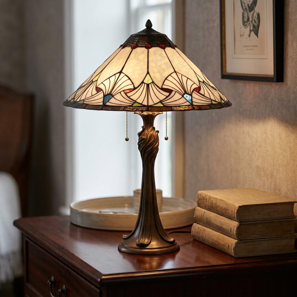 Ocean Tiffany table lamp with a shell-patterned stained glass shade on a dark wood table next to old books.