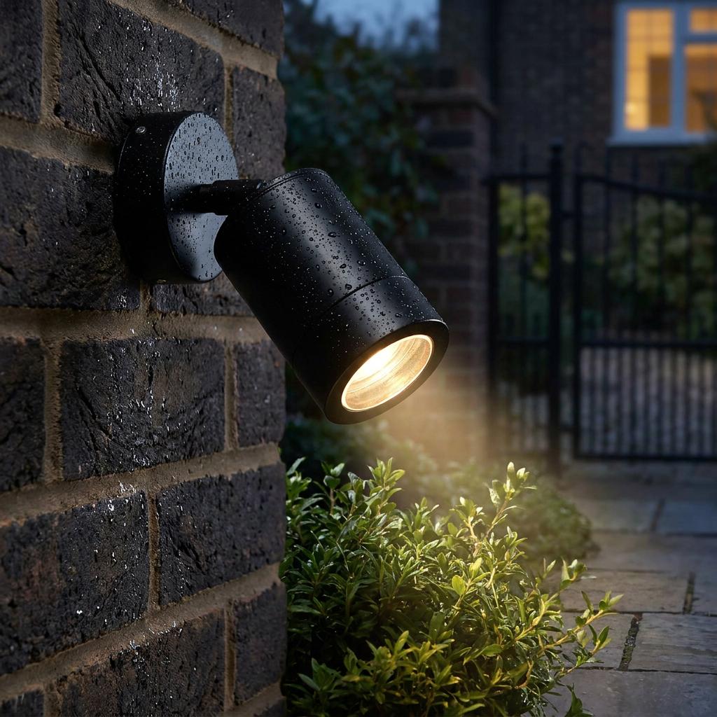 A black outdoor spotlight mounted on a brick wall, illuminating garden plants at dusk with water droplets on the casing.