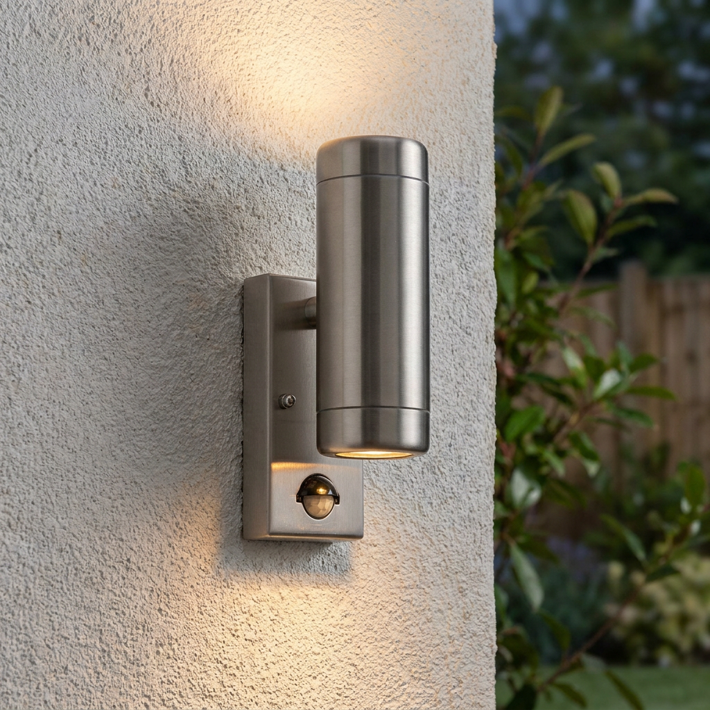 Cylindrical stainless steel up-and-down outdoor wall light with a PIR sensor, illuminated on a textured white wall.