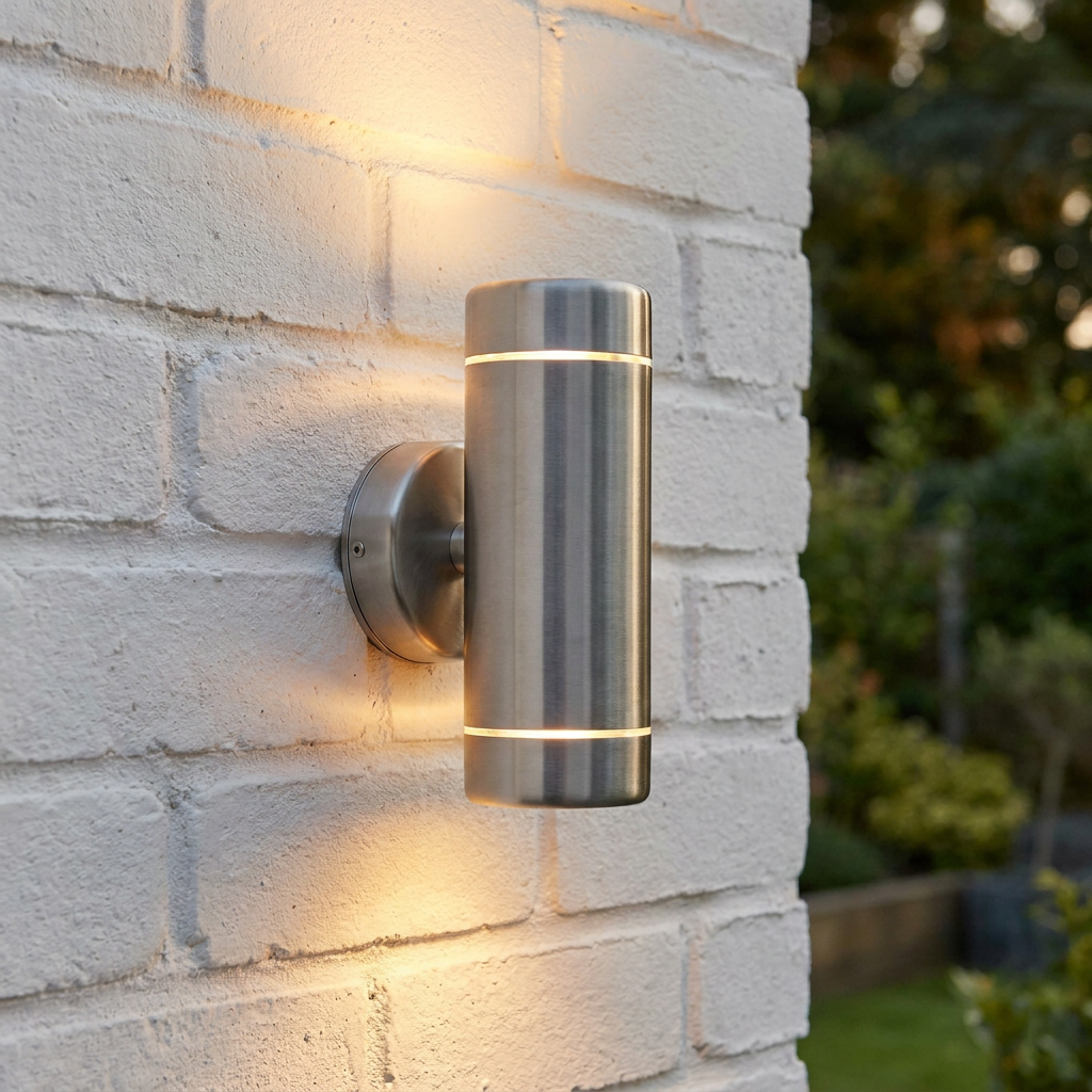 Cylindrical brushed steel up and down light on a white brick wall emitting a warm glow.