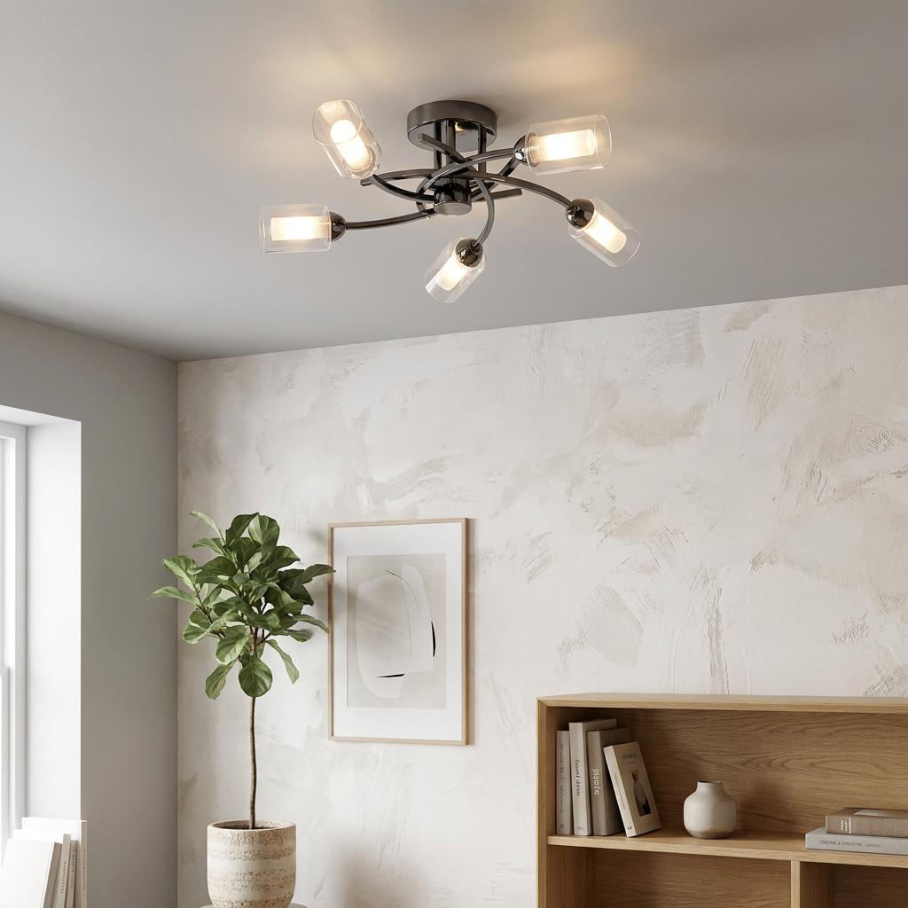 Ofira 5-arm black flush ceiling light with glass shades illuminating a minimalist room with a potted plant.