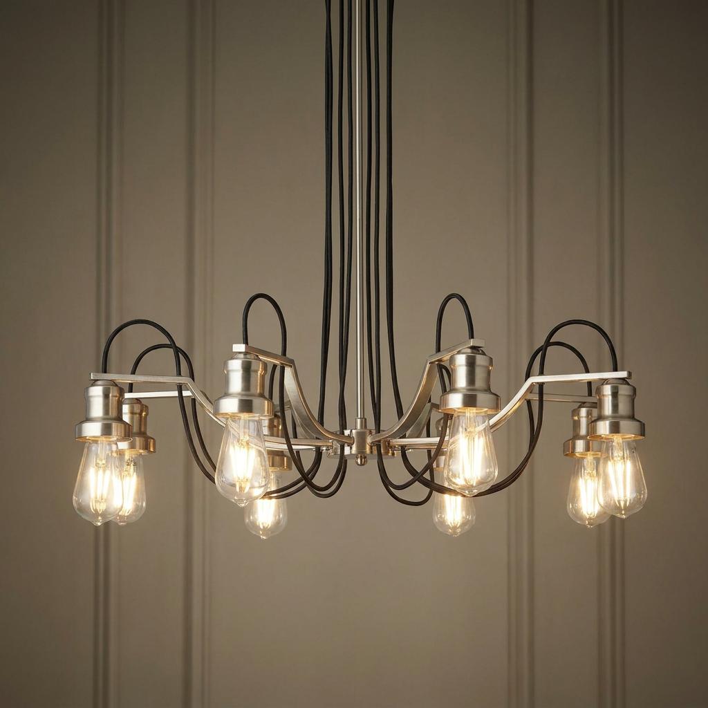 Eight-light silver pendant with looped black braided cables and glowing Edison bulbs against a paneled wall.