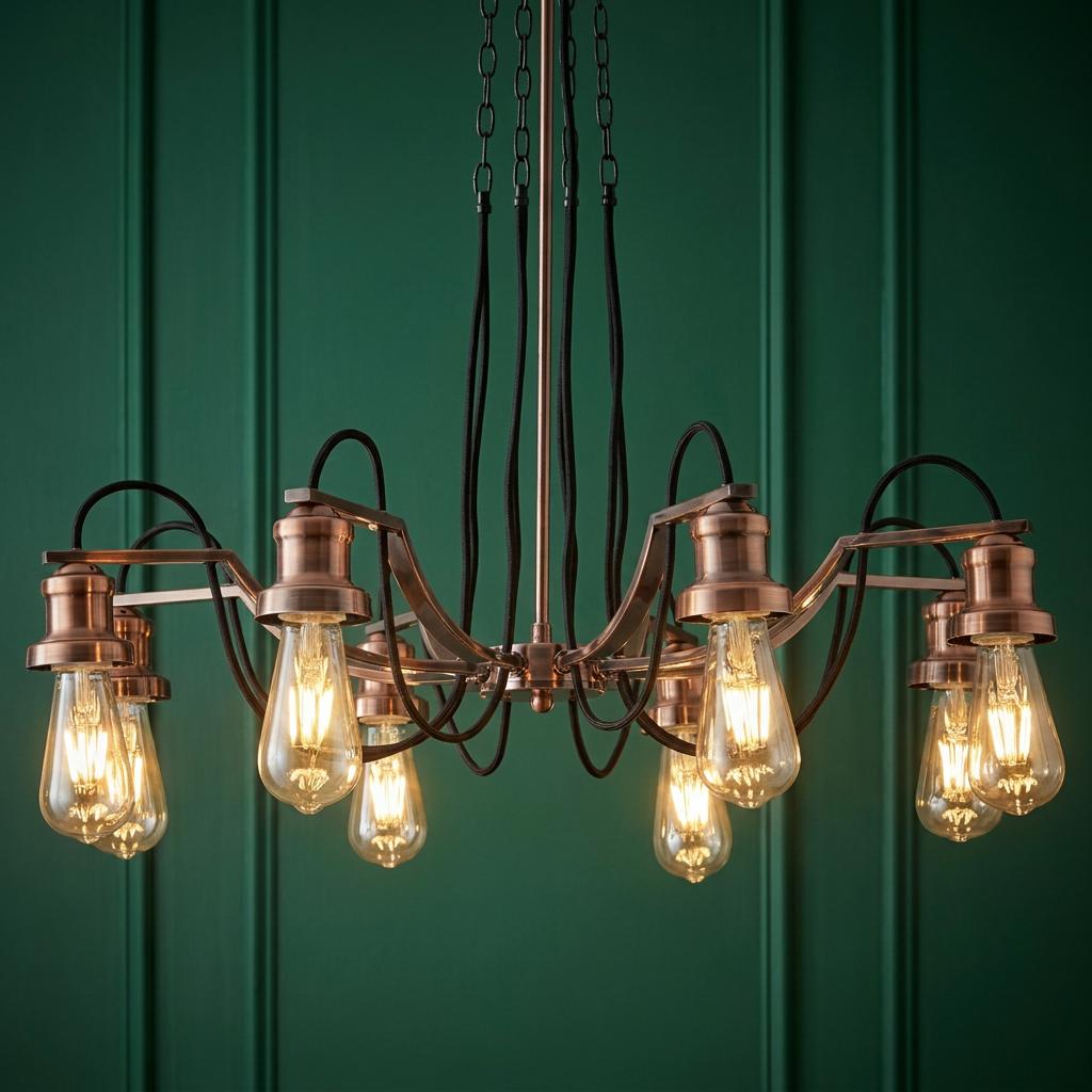 8-light copper pendant chandelier with exposed bulbs and black braided cables against a green paneled wall.