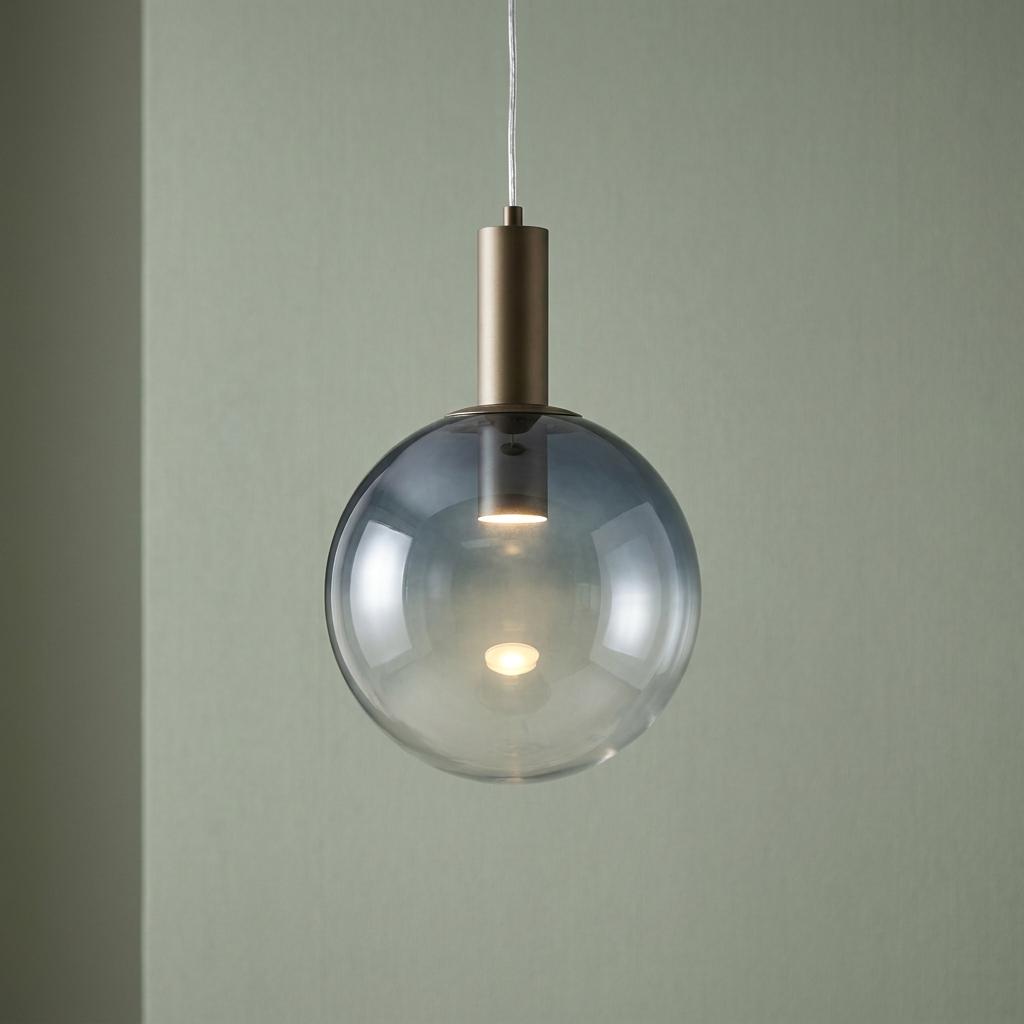 Minimalist pendant light featuring a smoked ombre glass globe and latte metal top against a sage green wall.