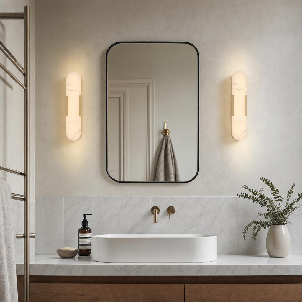 Two oval marble resin wall lights with gold accents flanking a mirror in a modern bathroom setting.