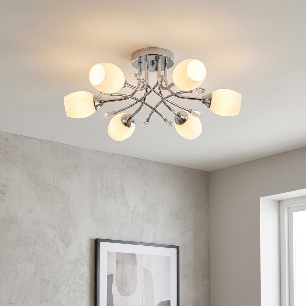 Opera 6-light chrome flush ceiling light with curved arms and opal glass shades in a modern interior setting.