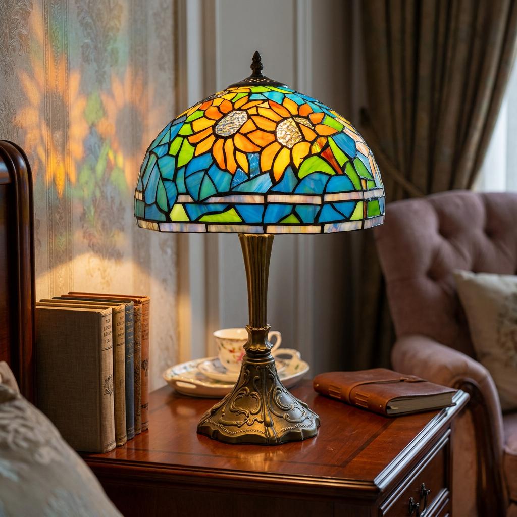 Stained glass Tiffany lamp with orange sunflowers on a bedside table, casting floral patterns on the wall.