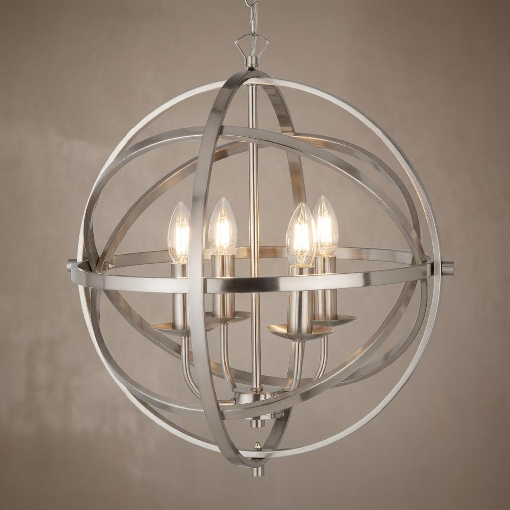 Silver pendant light featuring a four-light candelabra within a spherical metal cage frame.