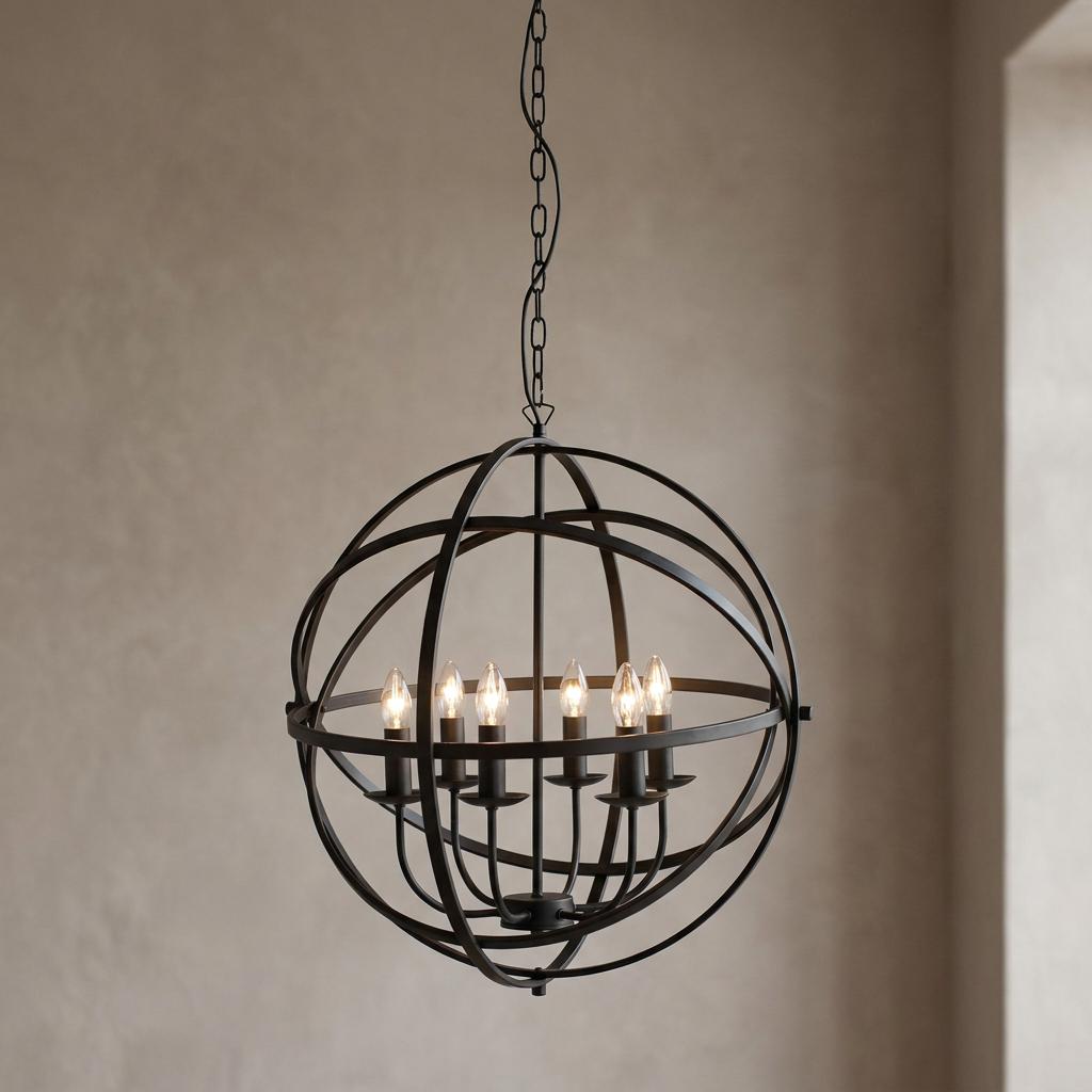 Black spherical cage pendant light with six candle-style bulbs hanging from a chain against a neutral wall.