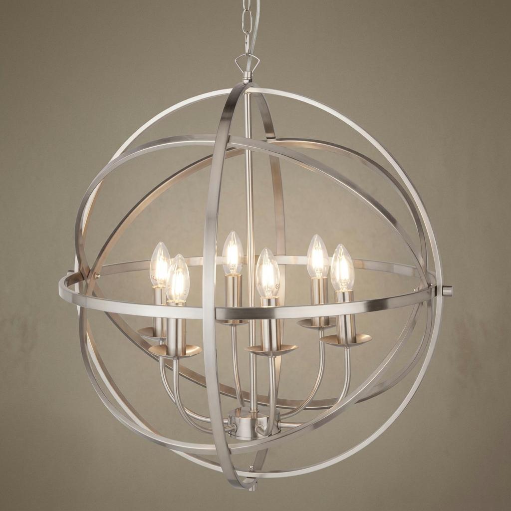 Orbit 6-light silver orb pendant featuring a spherical cage frame and candle bulbs against a neutral background.